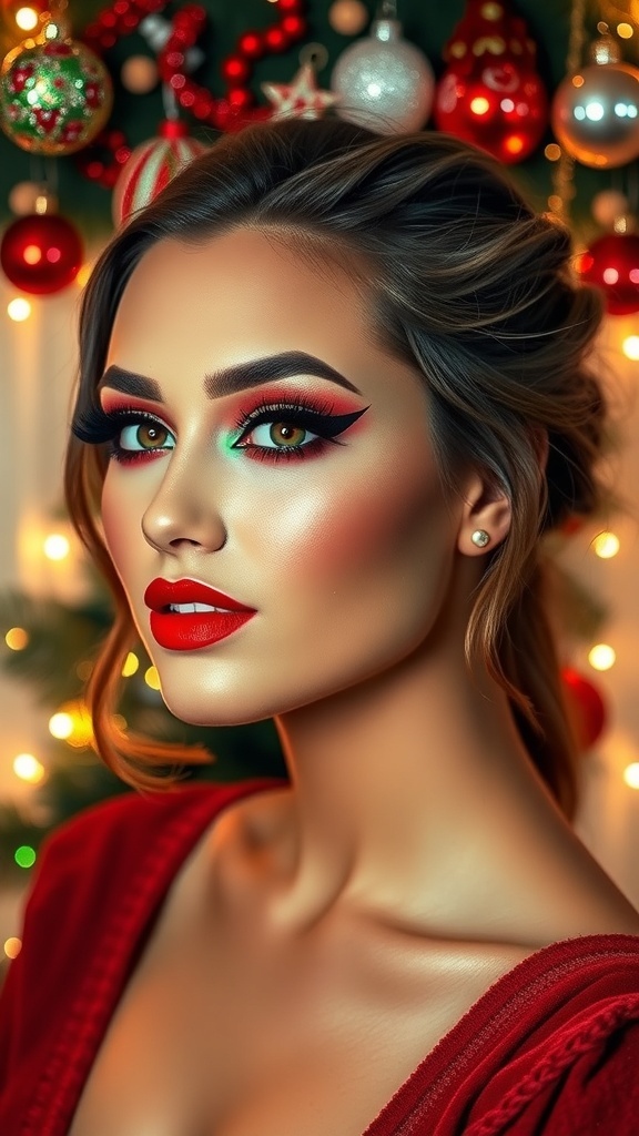 Festive Christmas Makeup Tutorial Festive Christmas makeup with red and green eyeshadow, bold eyeliner, and red lips, set against a holiday-themed background.